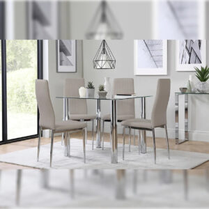 Dining Set : Eva Square Glass and Chrome Dining Table with 4 Leon Stone Grey Leatherette Chairs